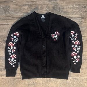 Hot Topic Black Cardigan with Red Mushroom Embroidery